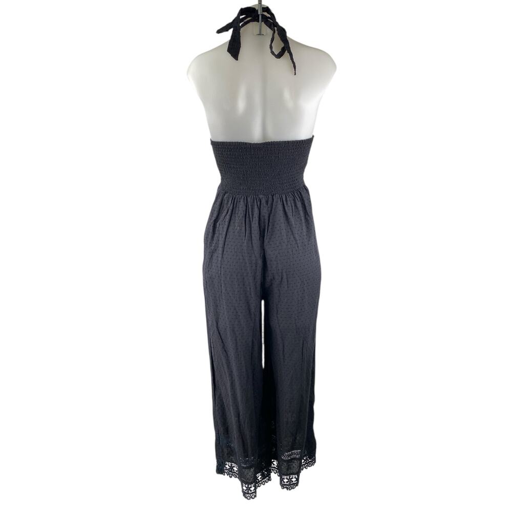 ZARA Black Polka Dot Lace Trim Halter Neck Sleeveless Wide Leg Romper Jumpsuit S - Picture 2 of 3